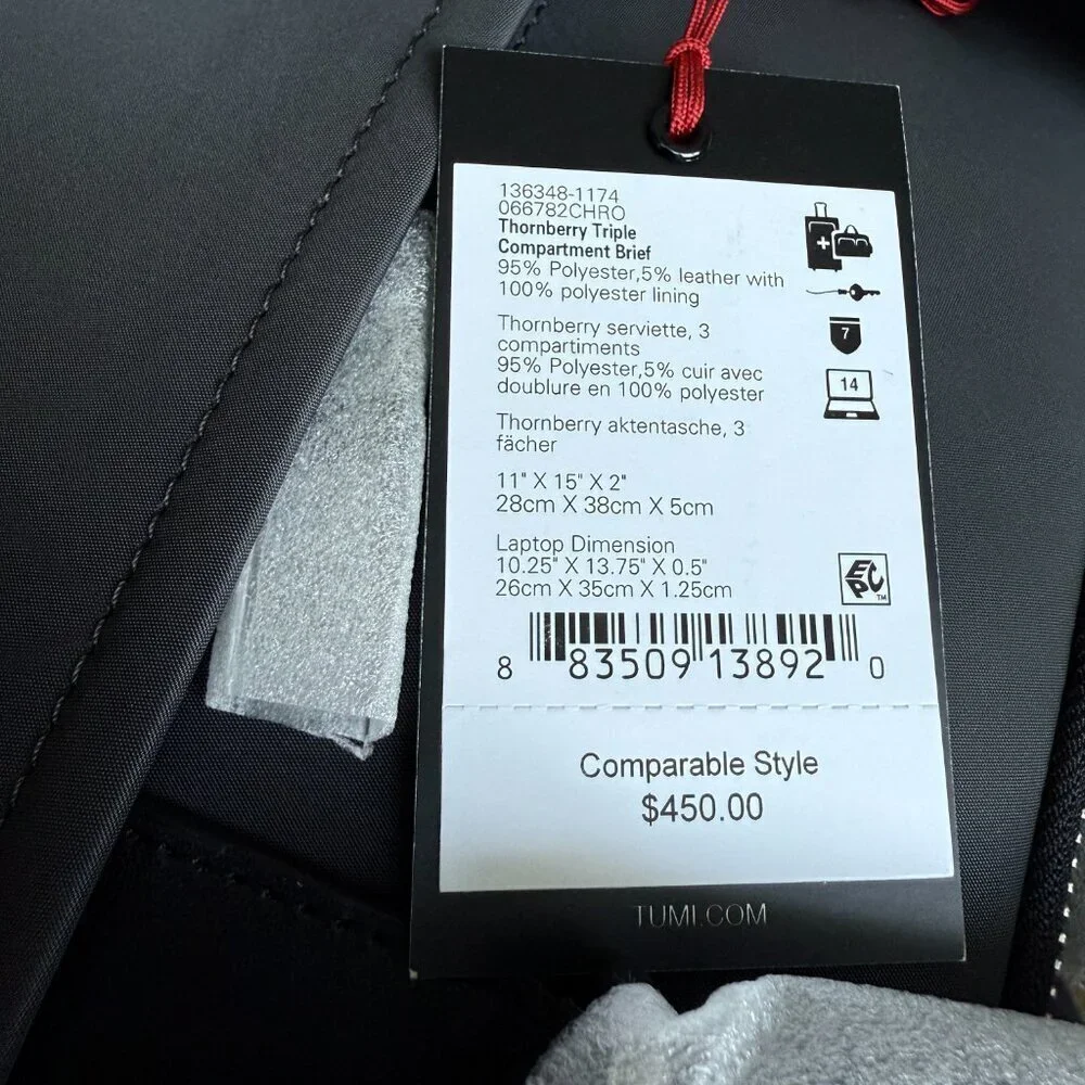 Tumi Thornbury Grey Nylon & Leather‎ Triple compartment Briefcase Bag 136350
